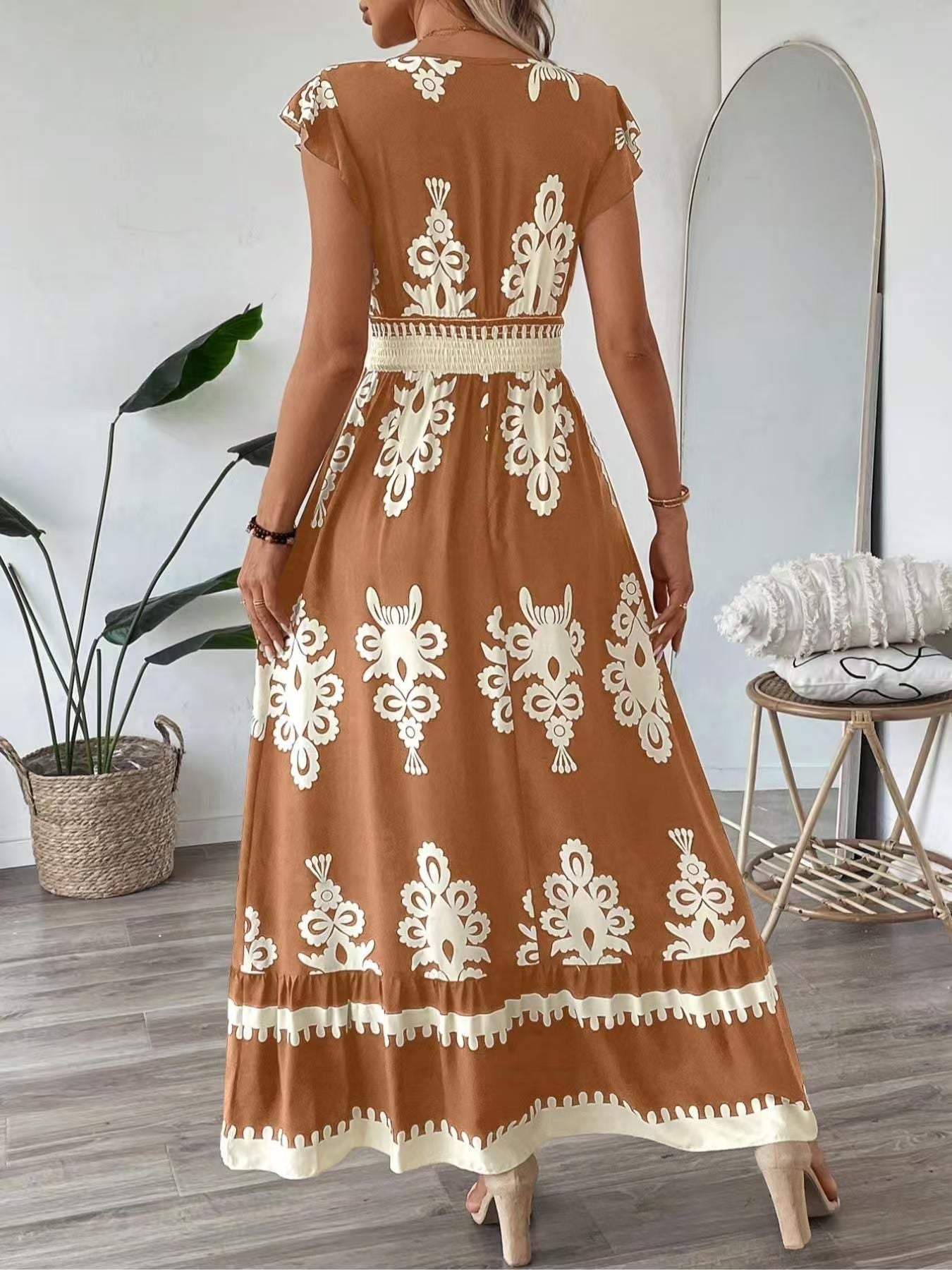 New Summer Fashion Printed V-Neck Waist Long Dress