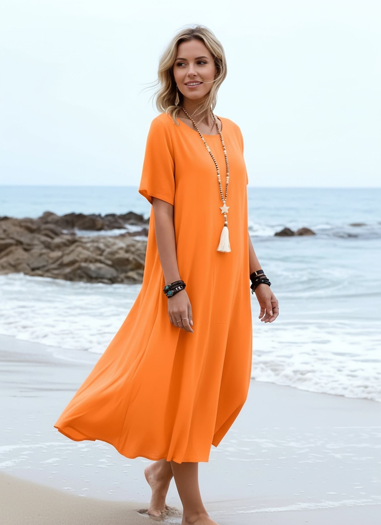 Summer Resort Style Solid Color Crew Neck Short-Sleeved Dress