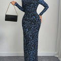 Elegant Leopard Print Slim Sheer Long Sleeve European American Sexy Waist Skinny Dress Women'S Blue