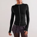 New Contrasting Rolled Edge Semi-Turtleneck Long-Sleeved T-Shirt