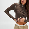 New Contrasting Rolled Edge Semi-Turtleneck Long-Sleeved T-Shirt