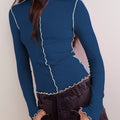 New Contrasting Rolled Edge Semi-Turtleneck Long-Sleeved T-Shirt