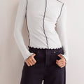 New Contrasting Rolled Edge Semi-Turtleneck Long-Sleeved T-Shirt
