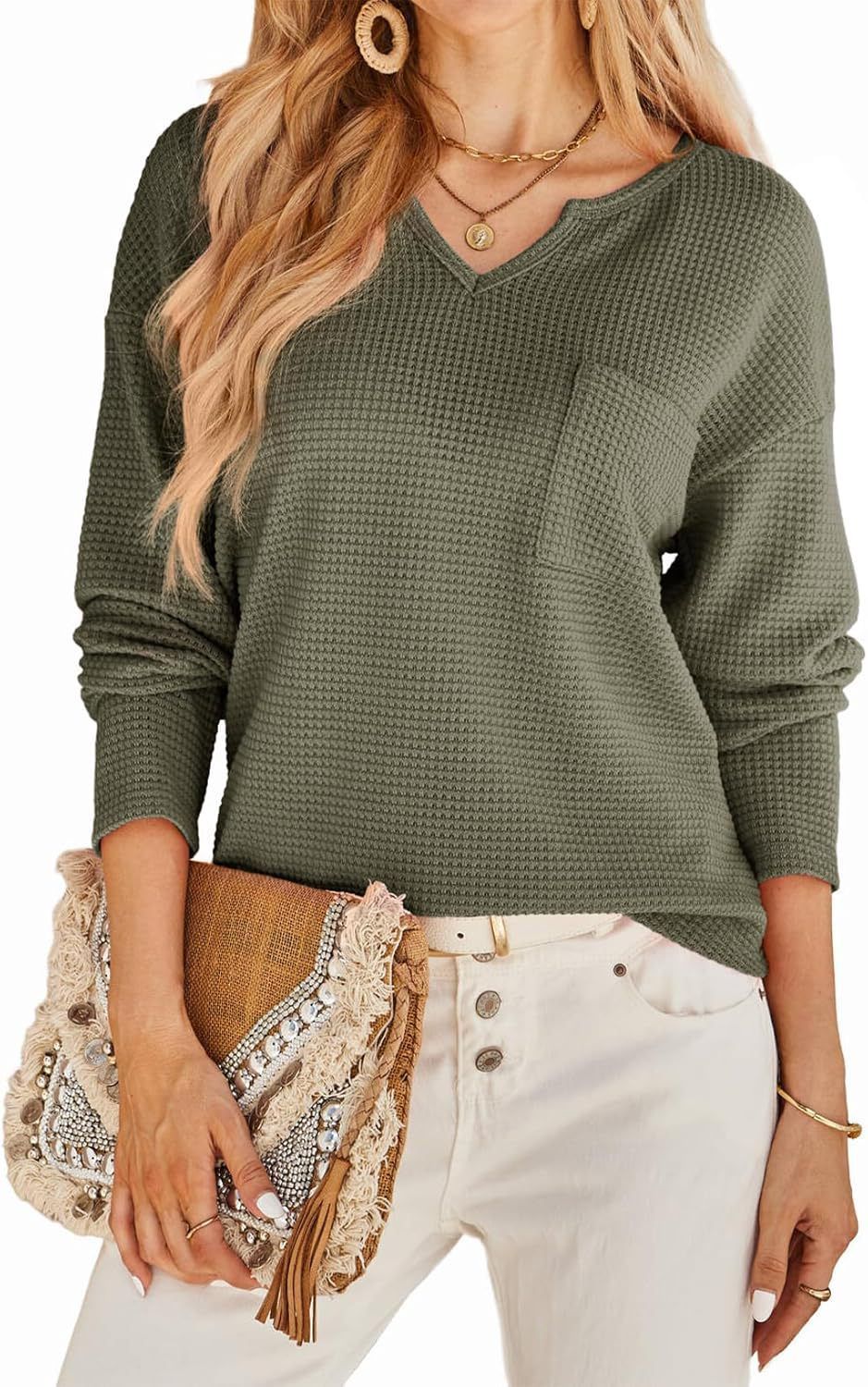 V-Neck Long-Sleeved Knitted Sweater Pocket Fashion Casual Solid Color Loose T-Shirt