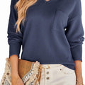 V-Neck Long-Sleeved Knitted Sweater Pocket Fashion Casual Solid Color Loose T-Shirt