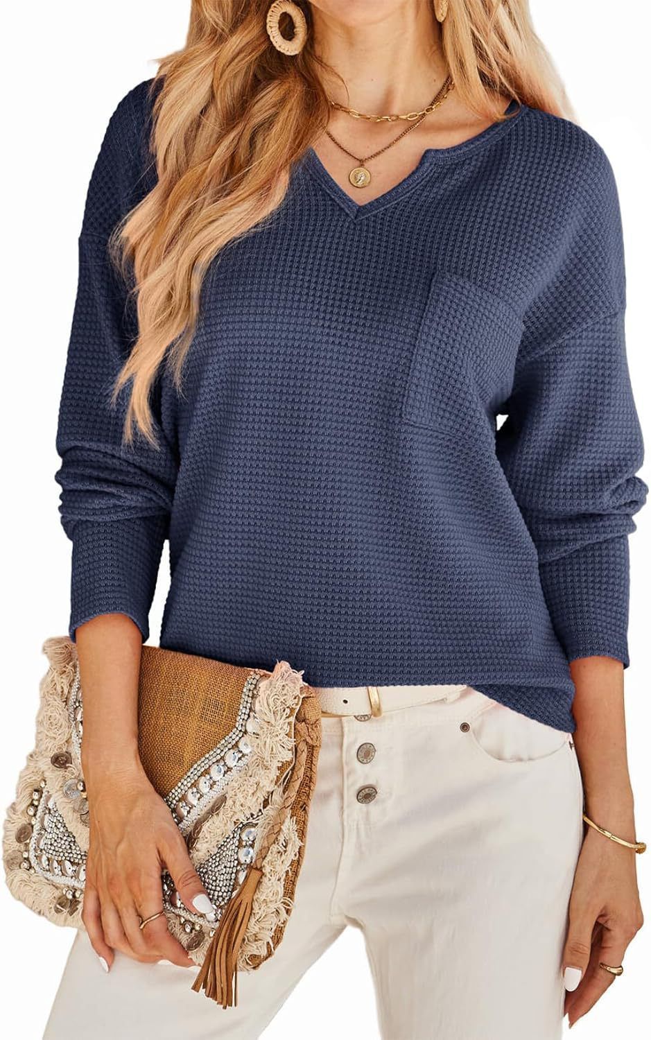 V-Neck Long-Sleeved Knitted Sweater Pocket Fashion Casual Solid Color Loose T-Shirt