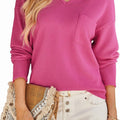 V-Neck Long-Sleeved Knitted Sweater Pocket Fashion Casual Solid Color Loose T-Shirt