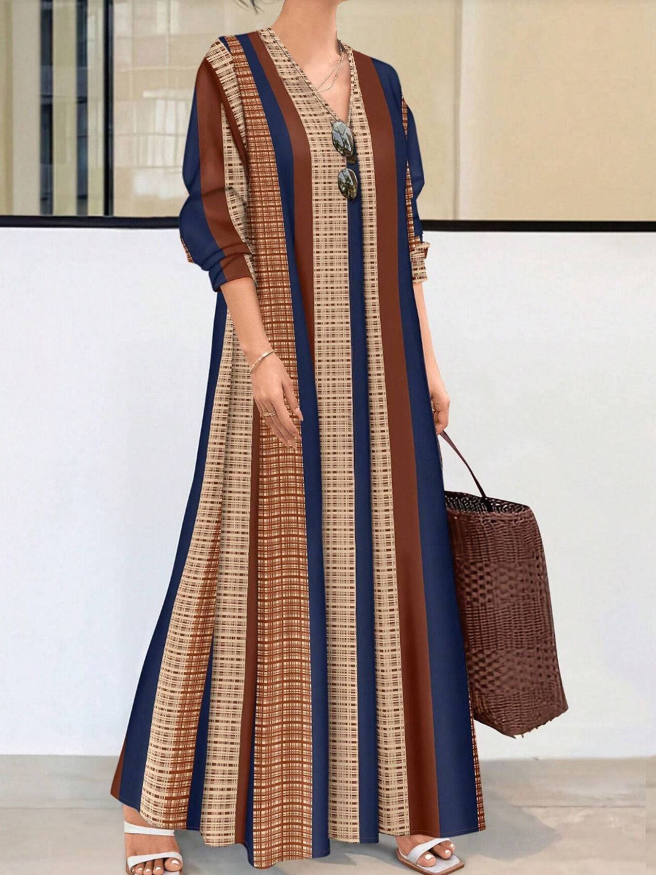 Casual Vertical Striped V-Neck Dress