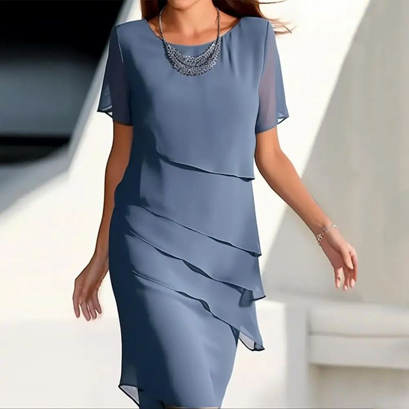 Spliced Chiffon Crew Neck Short Sleeve Dress