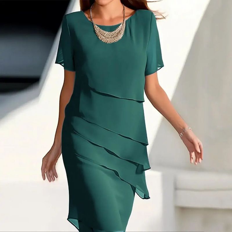 Spliced Chiffon Crew Neck Short Sleeve Dress