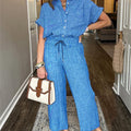 Striped Suit Lapel Short-Sleeved Straight-Leg Lazy Style Trousers