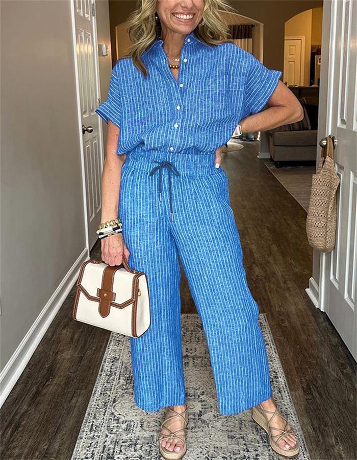 Striped Suit Lapel Short-Sleeved Straight-Leg Lazy Style Trousers