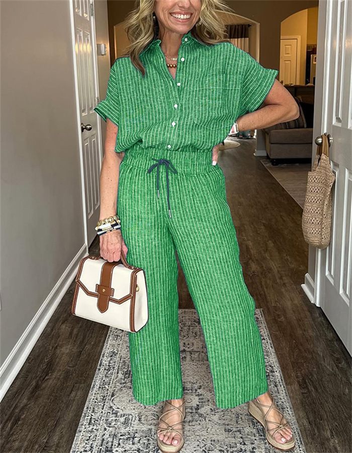 Striped Suit Lapel Short-Sleeved Straight-Leg Lazy Style Trousers