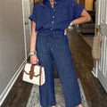 Striped Suit Lapel Short-Sleeved Straight-Leg Lazy Style Trousers
