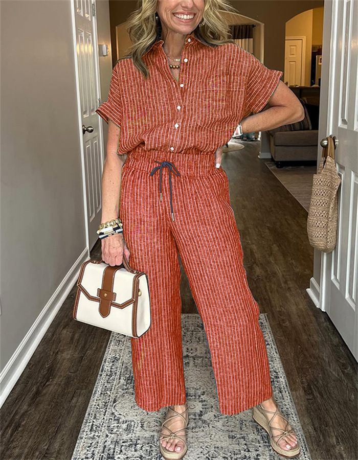 Striped Suit Lapel Short-Sleeved Straight-Leg Lazy Style Trousers