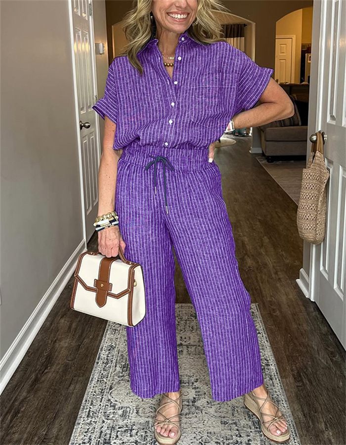 Striped Suit Lapel Short-Sleeved Straight-Leg Lazy Style Trousers