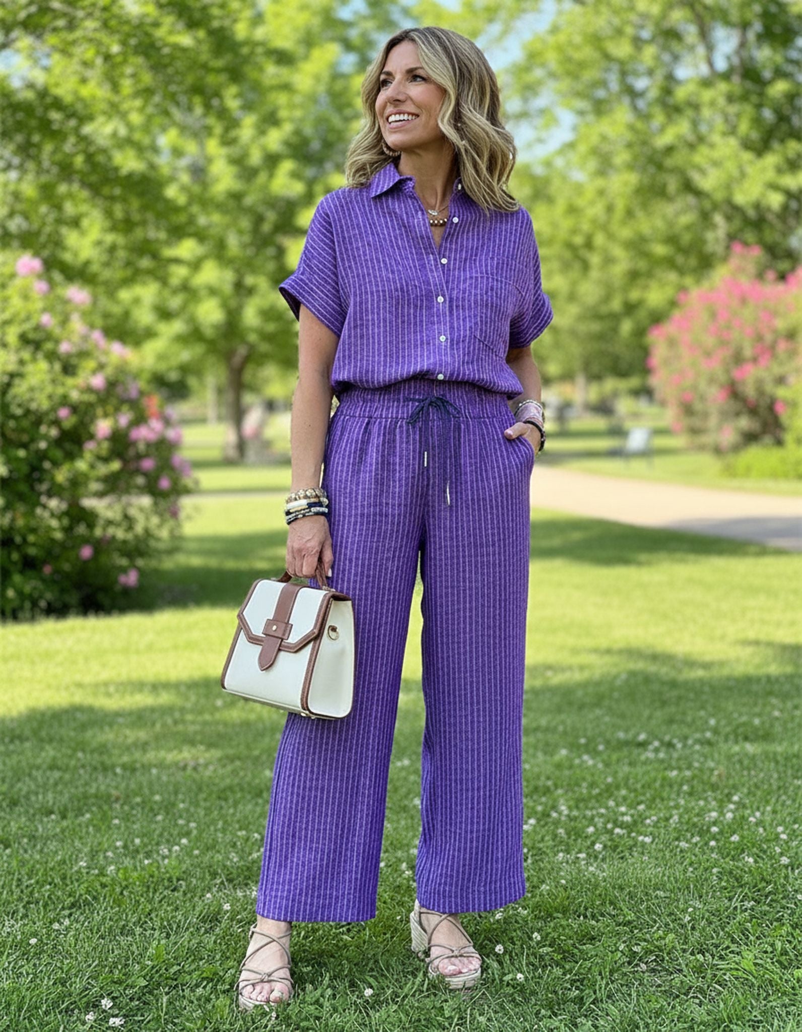 Striped Suit Lapel Short-Sleeved Straight-Leg Lazy Style Trousers