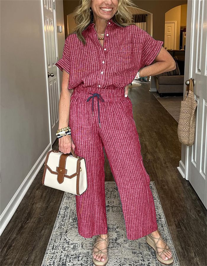 Striped Suit Lapel Short-Sleeved Straight-Leg Lazy Style Trousers