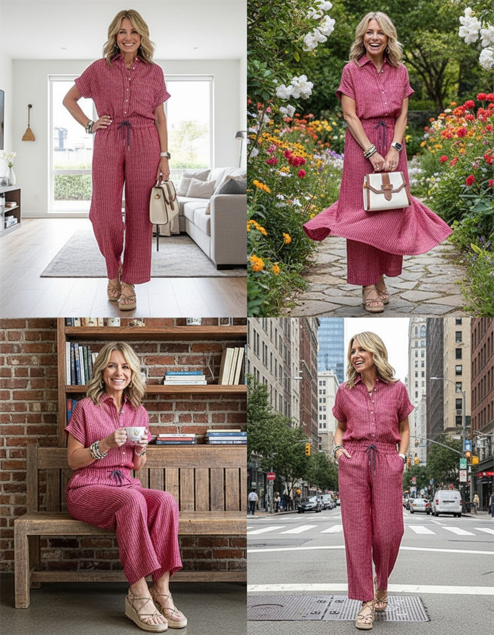 Striped Suit Lapel Short-Sleeved Straight-Leg Lazy Style Trousers