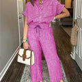 Striped Suit Lapel Short-Sleeved Straight-Leg Lazy Style Trousers