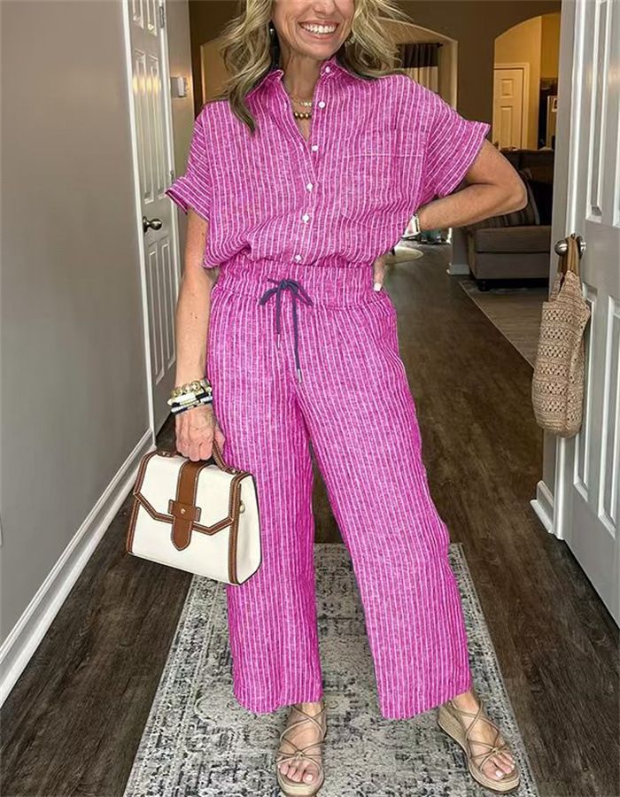 Striped Suit Lapel Short-Sleeved Straight-Leg Lazy Style Trousers
