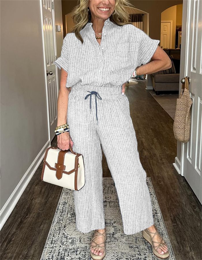 Striped Suit Lapel Short-Sleeved Straight-Leg Lazy Style Trousers