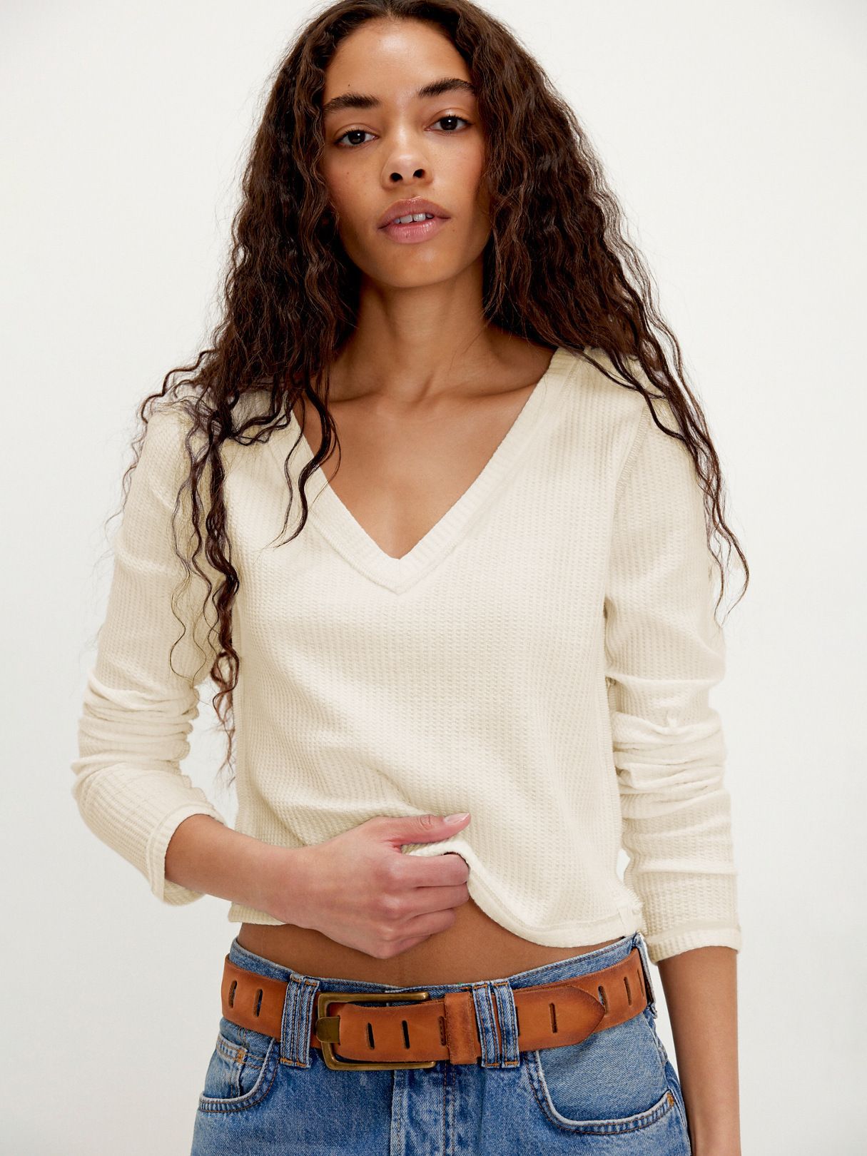 Solid Color Slim Front Shoulder Long Sleeve Small Waffle V-Neck Fashion Versatile Top