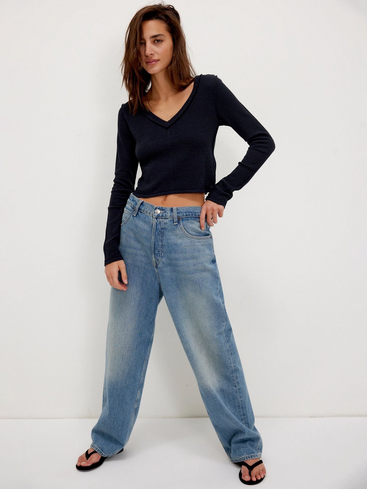 Solid Color Slim Front Shoulder Long Sleeve Small Waffle V-Neck Fashion Versatile Top