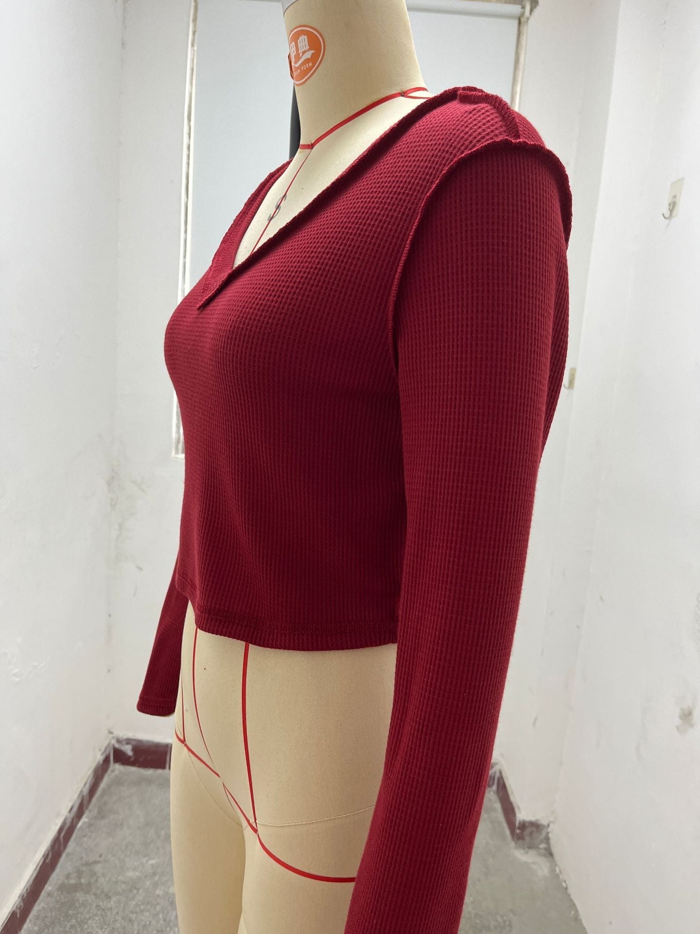 Solid Color Slim Front Shoulder Long Sleeve Small Waffle V-Neck Fashion Versatile Top
