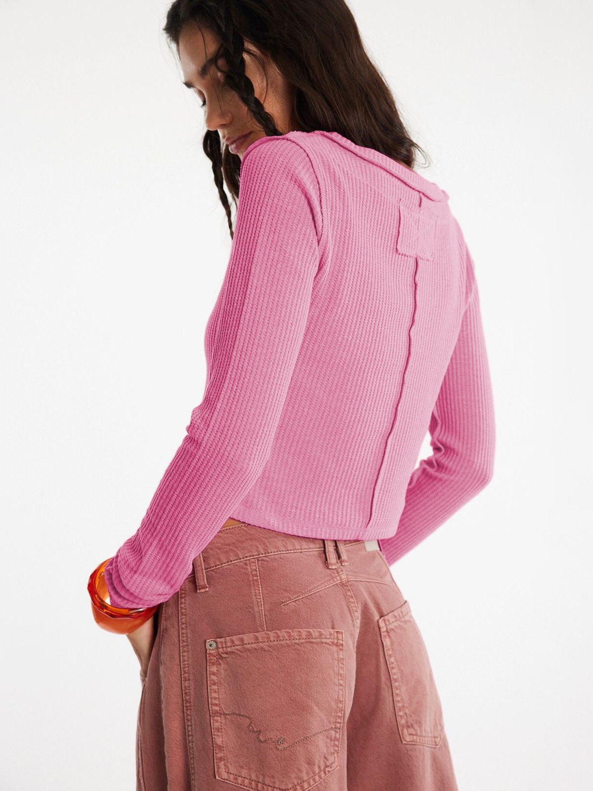 Solid Color Slim Front Shoulder Long Sleeve Small Waffle V-Neck Fashion Versatile Top