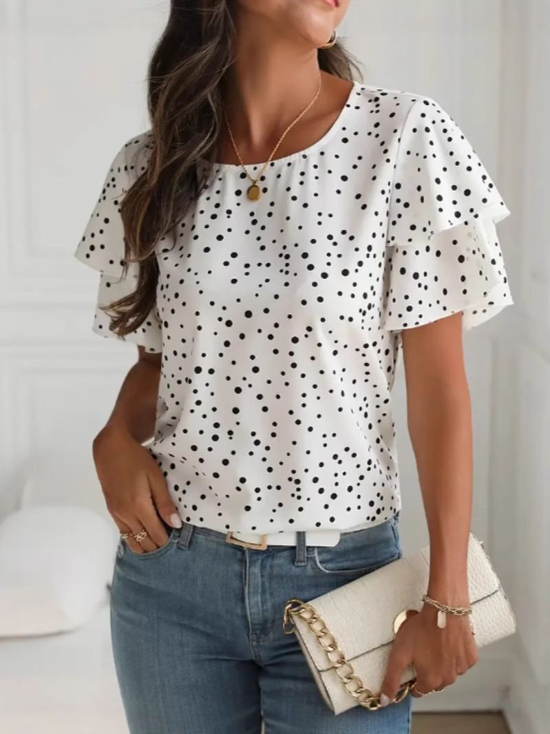 Princess Sleeve V-Neck Women'S Polka Dot Print Short Sleeve Shirt