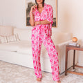 Pink Bow Knot Print Lapel Collar Short Sleeve and Pants Pajamas Set