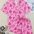 Pink Bow Print Half Sleeve Shirt and Shorts Pajamas Set