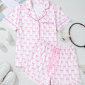 Pink Bowknot Printed Short Sleeve and Ruffled Shorts Pajama Set