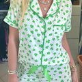 Green Clover Printed Short Sleeve and Ruffled Shorts Pajama Set