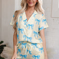 Yellow Bow Printed Short Sleeve Shirt Shorts Pajama Set