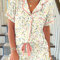 White Floral Print Contrast Pipping Short Pajamas Set