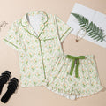 Green Floral Print Turn-down Collar Short Pajamas Set