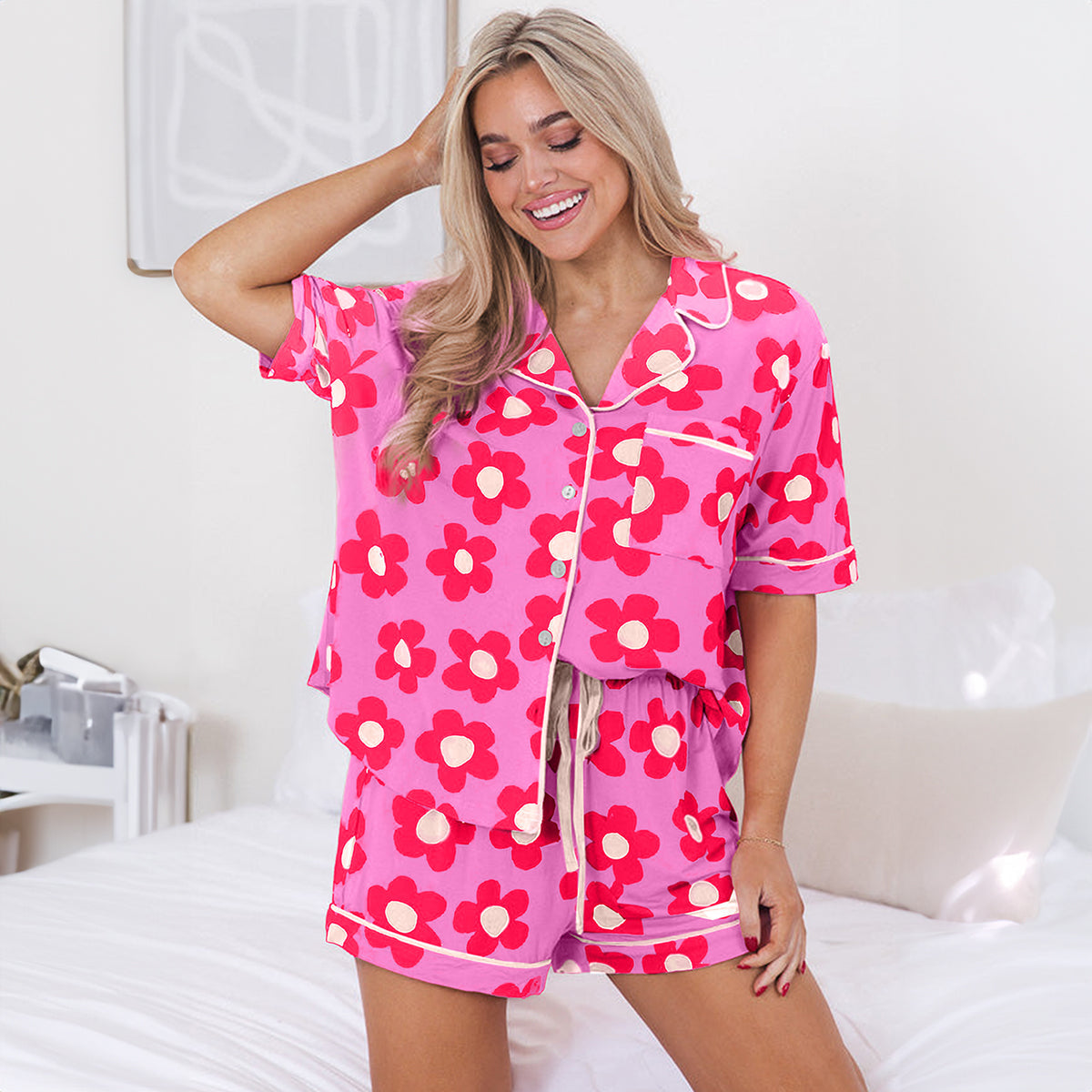 Flower Print Short Sleeve Shirt Pajamas Set