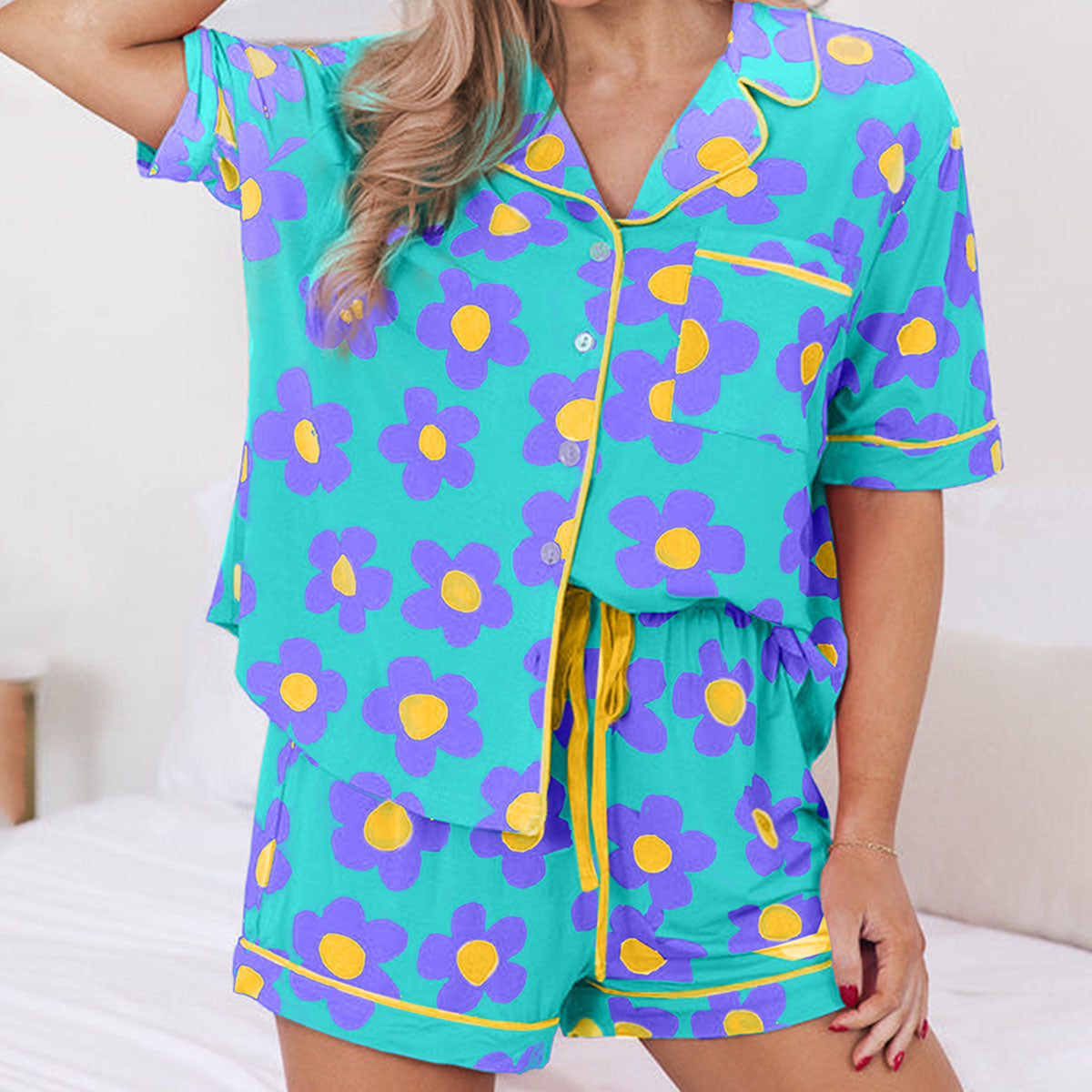 Green Flower Print Short Sleeve Shirt Pajamas Set