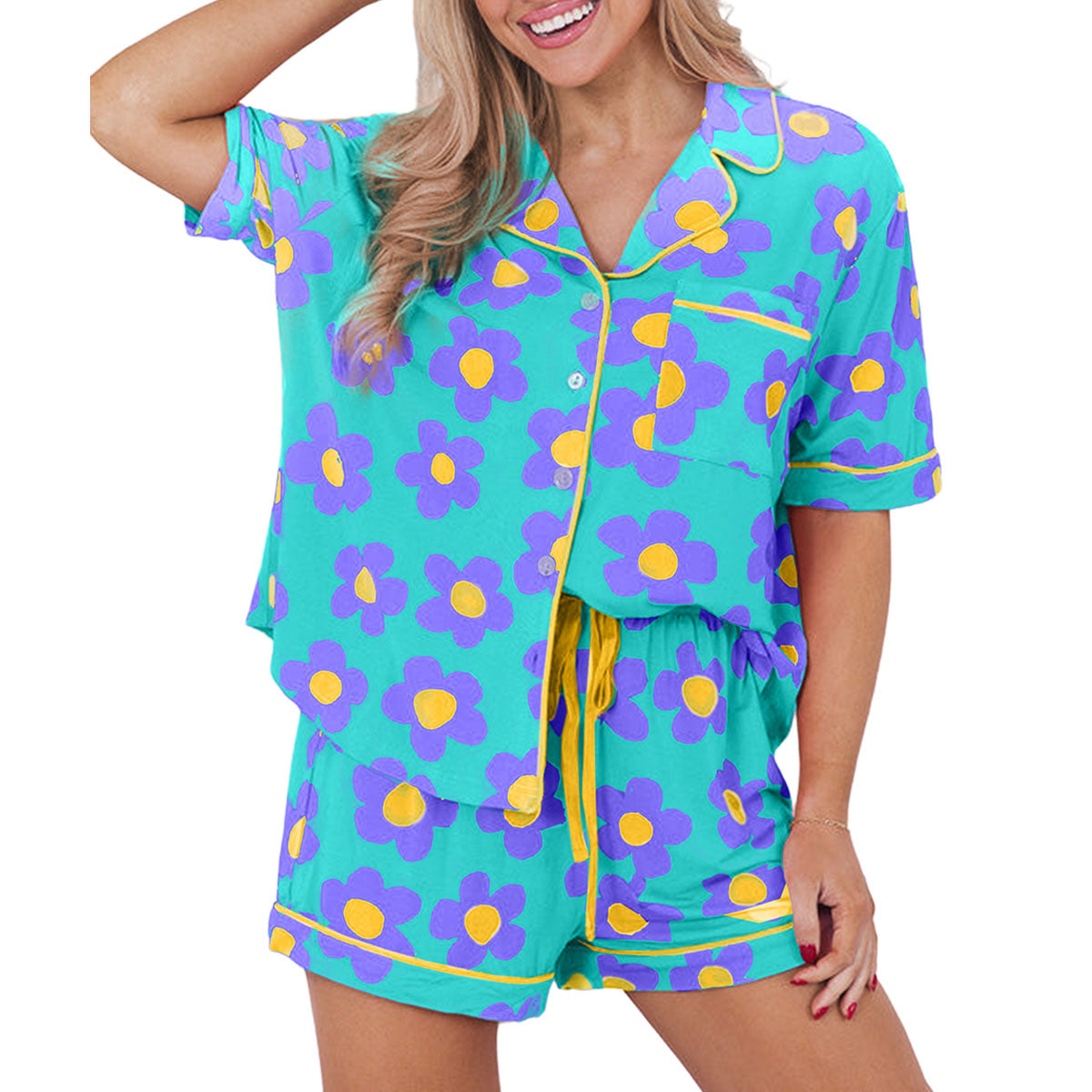 Green Flower Print Short Sleeve Shirt Pajamas Set