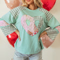 Clearly Aqua Plaid Floral Peace Heart Graphic Wide Long Sleeve Top