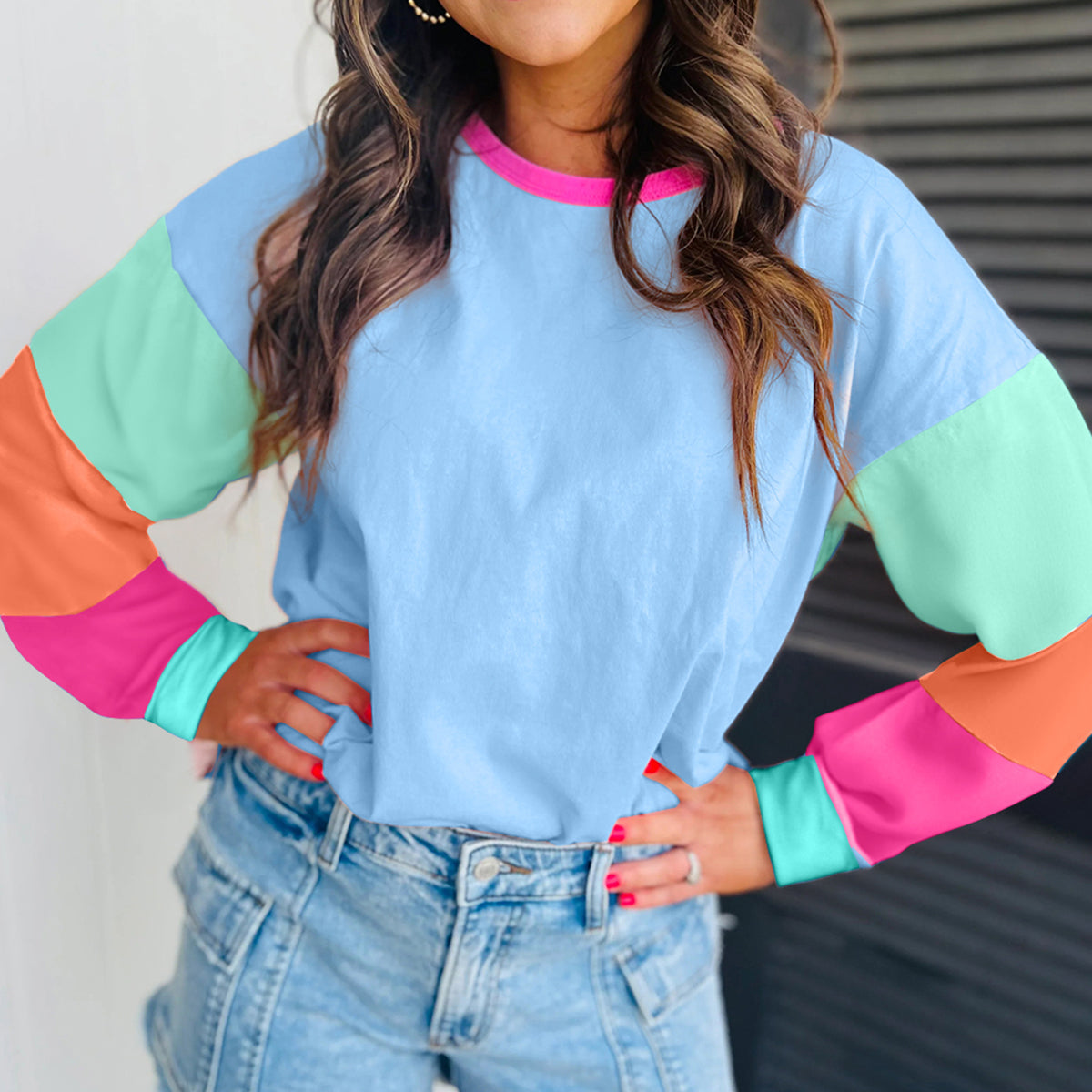 Dark Blue Colorblock Patchwork Long Sleeve Loose Top