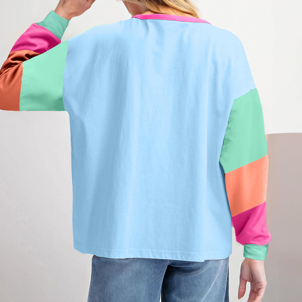 Dark Blue Colorblock Patchwork Long Sleeve Loose Top