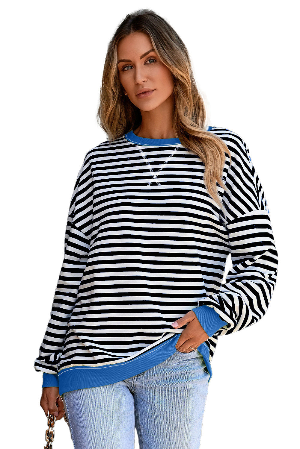 White Stripe Striped Contrast Ribbed Trim Crossed Stitch Drop Shoulder Sweatshirt