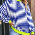 Sky Blue Stripe Striped Contrast Ribbed Trim Crossed Stitch Drop Shoulder Sweatshirt