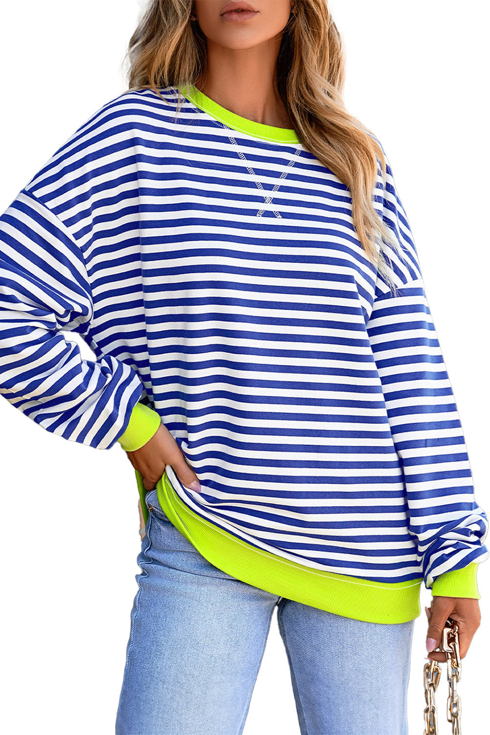 Sky Blue Stripe Striped Contrast Ribbed Trim Crossed Stitch Drop Shoulder Sweatshirt