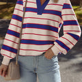 Blue Stripe Color Block V Neck Loose Fit Sweatshirt
