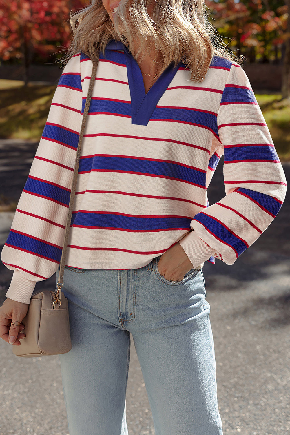 Blue Stripe Color Block V Neck Loose Fit Sweatshirt