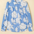 Sky Blue Floral Print Button Up Pleated Detail Puff Sleeve Shirt